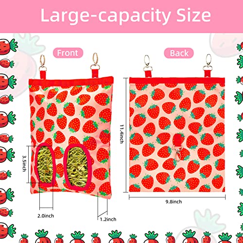 Rabbit Hay Feeder, Hanging Guinea Pig Hay Feeder Bag for Bunny Chinchilla Hamster with Back Hooks, 2 Holes, 9.8x11.4Inch - color: Strawberry