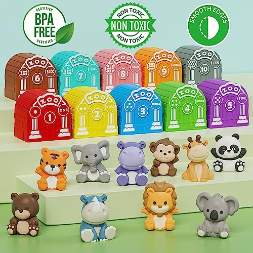 Learning Toy for Toddlers 1 2 3 Year Old, Montessori Educational Counting, Matching & Sorting Sensory Toys, 10 Safari Animals & 10 Zoos, Birthday Easter Gift for Baby Boy Girl Age 12-18 Months | 10 Zoo Animal Toys & 10 Barns, Counting, Matching & Sorting