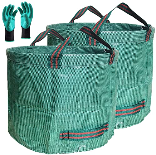 Standard 2-Pack 32 Gallon Lawn Garden Bags Big (D18,H30 in) Yard Waste Bags W/Gardening Gloves for Leaf Bag,Grass Clippings,Yard Debris Bin,Camping Trash Container,Recycling Bin,Laundry Bag 4 Handles