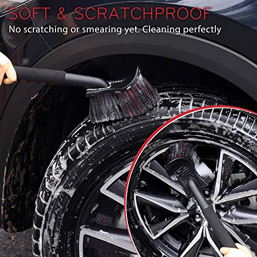TAKAVU 17.5in Tire Brush, Soft Bristle Long Handle, Scratch-Free (Red) | Scrubs Sidewalls, Brake Dust & Wheel Wells on Cars, Trucks, RVs & Mats, Safe for Chrome & Alloy Rims - color: Red