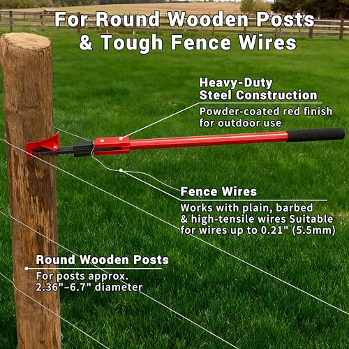 Fence Wire Stretcher Tool and Wire Tensioner for Round Wooden Posts, Heavy-Duty Fence Wire Tensioning & Repair Tool for Barbed/Smooth/Electric Wire, Easy One-Person Use on Farm & Ranch