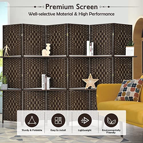 Giantex 6Ft 6 Panel Room Divider with Shelves, Freestanding Hand-Woven Rattan Folding Privacy Screens for Room Separation, Wooden Partition Room Divider Wall for Home Office Studio Separator - color: Brown