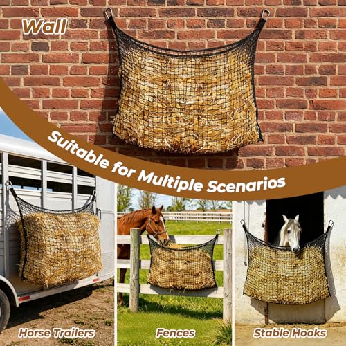 2 PCS Slow Feed Hay Net for Horses, Large Capacity Hay Bags with 4 Carabiner Clips and Gloves, Heavy Duty Slow Feeder for Horse Goat Sheep, Full Day Feeding for Stall Trailer, Black, 35 x 31 Inch