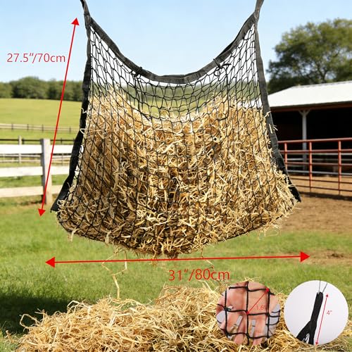 2 Pcs 31x28in Slow Feed Hay Nets for Horses Hanging Hay Bag Black | Large Capacity,All-Day Feeding Hay Feeder for Goats Sheep Donkey & Trailer,Durable Mesh Design