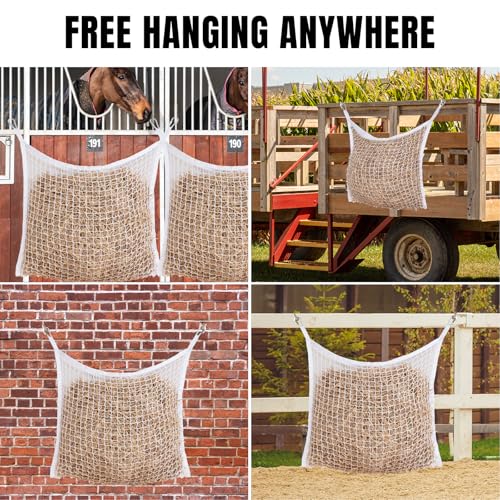 Slow Feed Hay Nets for Horses, Large Capacity Hay Bags, 4 Pack | 35 x 31 in, includes 8 carabiners,white, heavy duty, hay feeder for horses and goats, easy to hang in stalls and trailers - size: 4PCS-White
