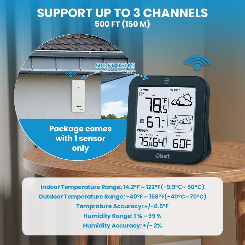 Indoor Outdoor Thermometer Wireless 500 FT Outdoor Thermometer with Sensor | Battery Powered Weather Station, 3.8" LCD Display Temperature Humidity Monitor with Backlight Max Min Dew Point Pressure - color: Black-Large