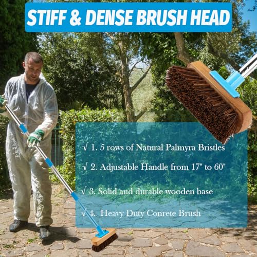 YONILL Floor Scrub Brush with Long Handle for Deck, Patio,Garden, Sidewalk | 60" Adjustable Stainless Steel Handle, Deck Brush with Stiff Natural Palmyra Bristles, Cleaning Rough Surface, Concrete Floor