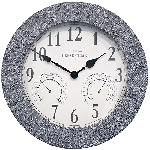 Sandstone Outdoor Clock | Weather Station with Thermometer & Hygrometer, 14", Gray Sandstone Finish, Outdoor Wall Décor