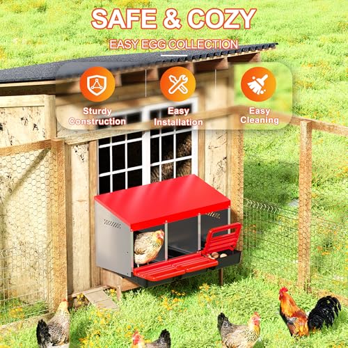 ZenxyHoC Chicken Nesting Box Red 3 Compartments | Metal Egg Laying Box with Rollout Egg Collection & Swing Perch for Backyard Chicken - size: 3 Compartments