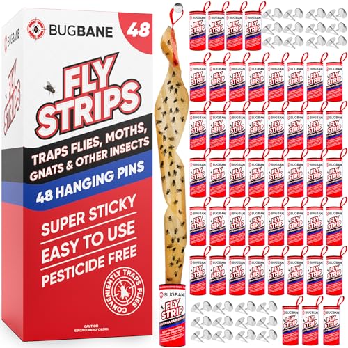 Fly Strips Indoor Sticky Hanging 48pk with Pins. Non Toxic Outdoor Fly Trap Indoor for Home. Flies Tape Paper Trap Ribbon Roll for House Gnat Fruit and Housefly. Bug Catchers for Inside Home Flypaper. - size: 48 count