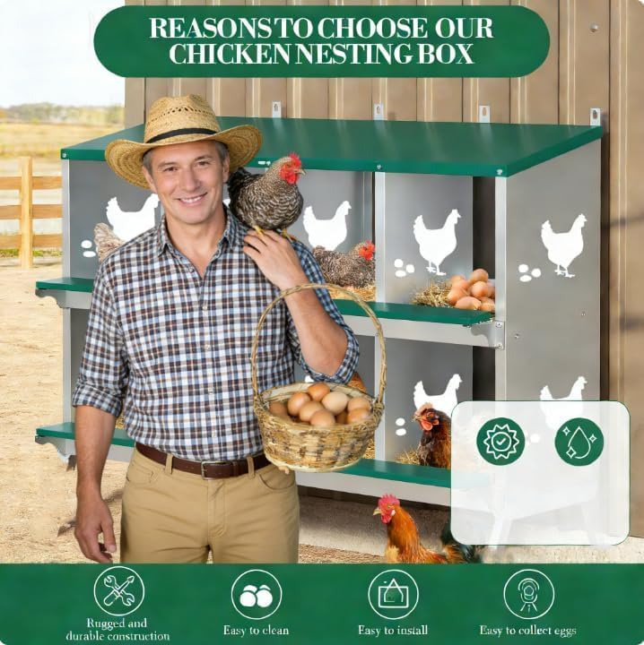 Chicken Nesting Box, 8 Compartments Nesting Box with 4 Fake Eggs & 10 Soft Nest Pads, Wall Mounting for Easy Egg Collection, Heavy Duty Galvanized Steel Rustproof Laying Box with Vented & Easy Clean - size: 8 compartment