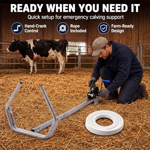 80'' Calf Puller with Hand Crank Gear System and Nylon Rope | Enhanced Calving Efficiency, Effortless Extra Long Reach, Non-slip Handle, for Difficult Large Calf Delivery & Vet Use