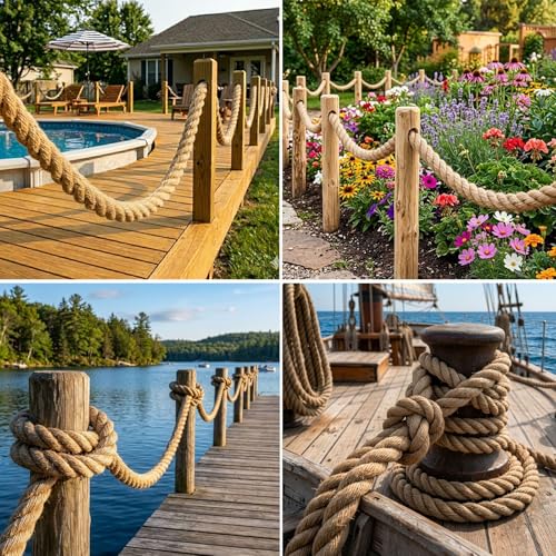 Natural Jute Rope (1.5 Inch x 100 Feet) Thick Hemp Rope Twisted Manila for Deck Railings, Swing Bed, Tug of War, Docks, Nautical, Decorating - size: 1.5 Inch x 100 Feet