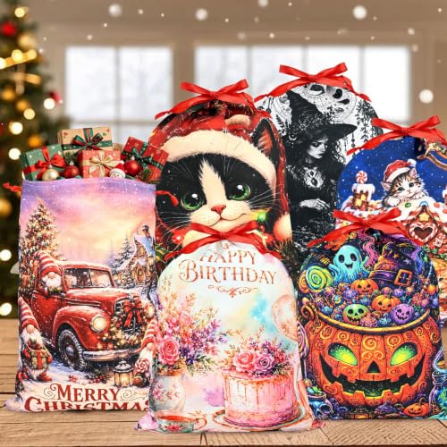 KzgtY Christmas Cat 2PCS Gift Bags with Drawstring, 16 x 12 Inch Reusable Present Sacks for Christmas,Brithday, Holidays,Parties & Gift Packaging - color: Christmas Cat