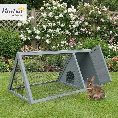 PawHut 46" x 24" Wooden A-Frame Outdoor Rabbit Hutch, Small Animal Cage, Bunny Hutch with Outside Run & Ventilating Wire, Gray | Wooden Chicken Coop with Run for Rabbit, Small Duck Chicken, Garden Backyard Farms - color: Gray