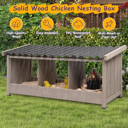ketive Chicken Nesting Box, Wall-Mounted Wooden Chicken Coop Accessories with PVC Roofing, 3 Compartments for Hens & Ducks Outdoor or Indoor Use