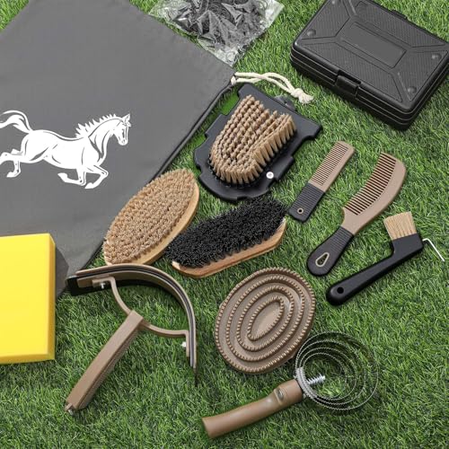 Abbylike 12 Pieces Horse Grooming Kit Racing Festival Tack Room Supplies Horse Brush Sets Equine Care Cleaning Kit Shedding Grooming Massaging Tools(Dark Gray) - color: Dark Gray