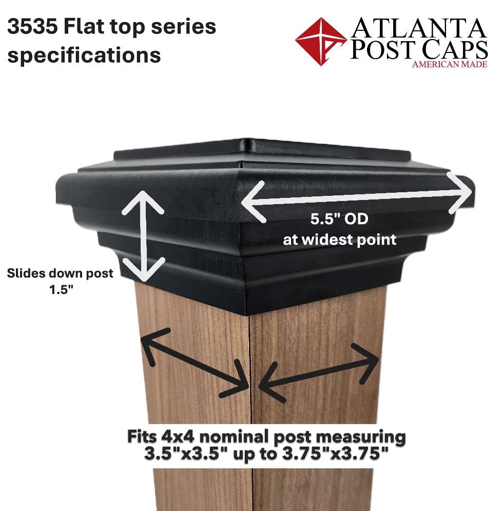 4x4 Brown Flat Post Cap Most Common fits (3.5"x3.5" up to 3.75"x3.75") Pressure Treated Post. Newel Newport Top for Outdoor Fences, Mailboxes & Decks. UV Stable Polymer | UV stable polymer, American made, patented installation, corrosion resistant, weathe