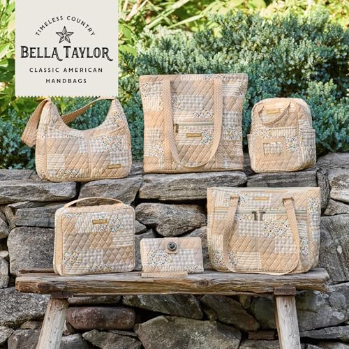 Bella Taylor Lunch Tote, Quilted Lunch Bag, Prairie Meadow Patch | Lightweight quilted cotton lunch box, easy-to-clean PEVA lining, 3 outside/1 inside pocket, durable construction - color: Prairie Meadow Patch