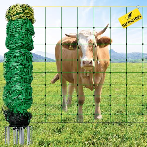 Electric Fence Netting, 49.6" H x 164'L Portable Livestock Nets for Cattle | Sheep, Goat, Hogs, Larger Animals, Electric Fencing with 14 Pre-Assembled Double-Spiked Posts for Backyards, Ranches, Farms