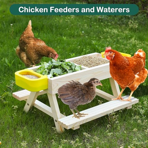 Boulphia Chicken Feeders and Waterers, Chicken Feeder No Waste Kit with Picnic Table and 2 Water Feeder, Handmade Wooden Chicken Supplies & Accessories for Chicken Coop - color: Natural Solid Wood