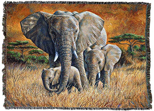 Pure Country Weavers Loving Mother Elephant & Calf Blanket by Lucie Bilodeau - Gift Tapestry Throw Woven from Cotton - Made in the USA (72x54) - color: Elephant