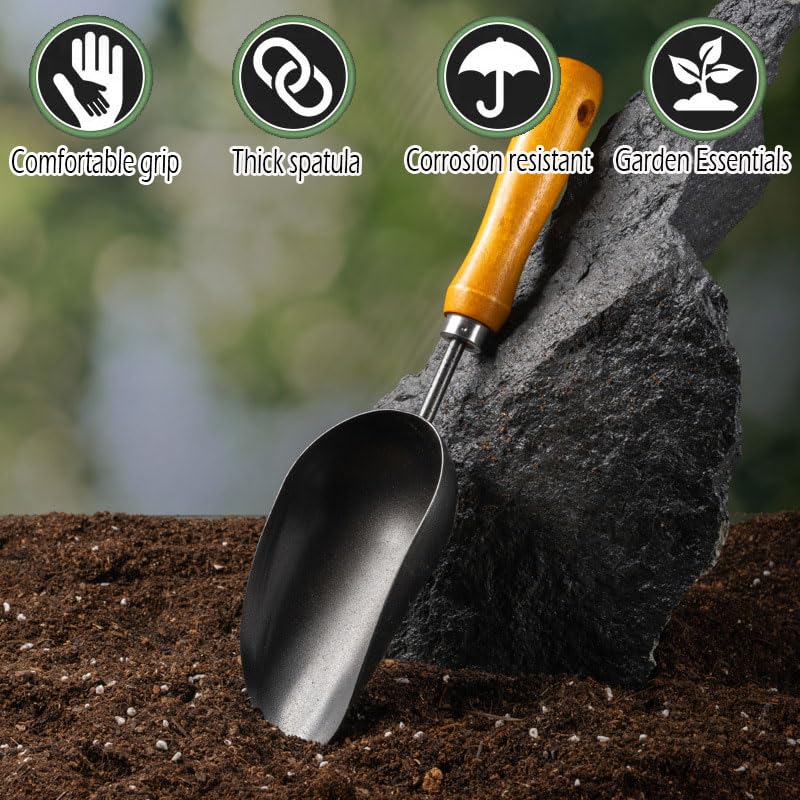 12.6’’ Garden Hand Trowel, Soil Scoop Wooden Handle, Stainless Steel Potting Shovel Spoon, for Flower Vegetables Soil Transplanting, Weeding, Moving, Digging, Planting Garden Plant