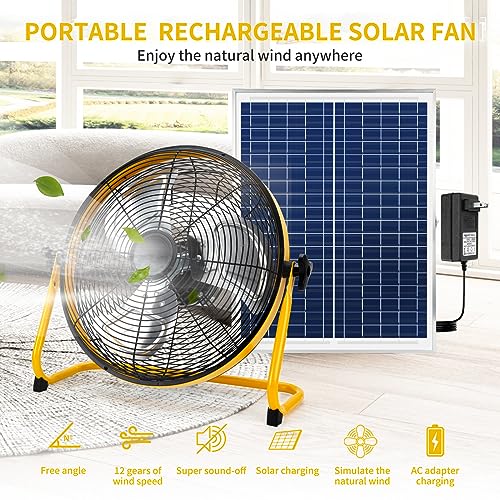 Solar Powered Rechargeable Fan 16", Whisper Quiet 15dB, 50Hr Runtime for Home Office Camping