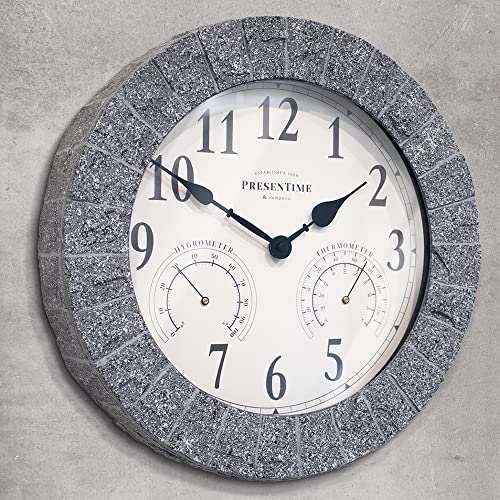 Sandstone Outdoor Clock | Weather Station with Thermometer & Hygrometer, 14", Gray Sandstone Finish, Outdoor Wall Décor