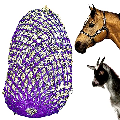 Majestic Ally 2”x2” Holes Slow Feed 40” Very Sturdy Hay Net with Bottom Ring for Desirous Horses, Nylon Rope Hanging, Adjustable Travel Feeder for Trailer, Stall, and Portable Wear. (Purple) - color: Purple