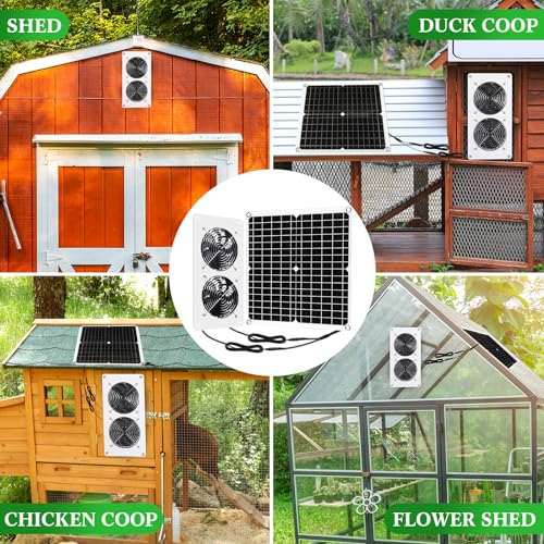 Rossesay 1 Set 25W 12V Solar Powered Fan for Chicken Coop Waterproof Solar Panel Exhaust Fans USB Portable Metal Shell for Shed Greenhouse Outside Air Ventilation Pet Dog House
