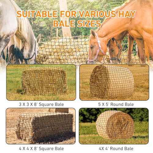 Large Round Bale Hay Net for Horses&Goats-Knotless Slow Feeder Hay | Net with 1.57 Inch Holes, Thick Nylon Mesh for Healthier Feeding of Livestock (5x5ft)