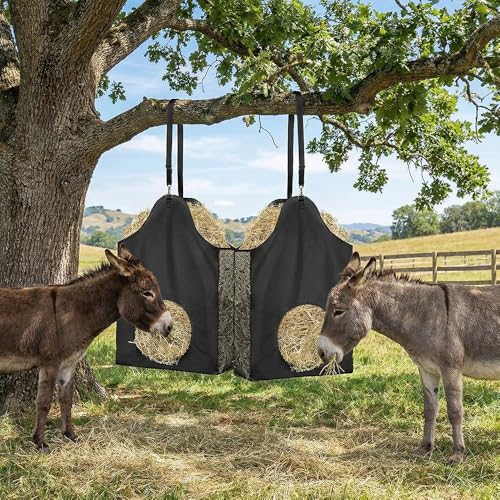 Hay Bags for Horses – 600D Oxford Hay Bag with Adjustable Strap & Metal Ring, Hanging Hay Feeder for Goats, Sheep, Donkeys, and Cows, Black (2-Pack)