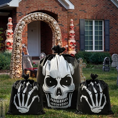 Qilery 6 pack Halloween Skull Leaf Lawn Bags for Outdoor Decorations Plastic Zombie Trash Bags with Skeleton Hand & Twist Ties for Lawn Yard Garden Patio and Party Decor - style: Skull