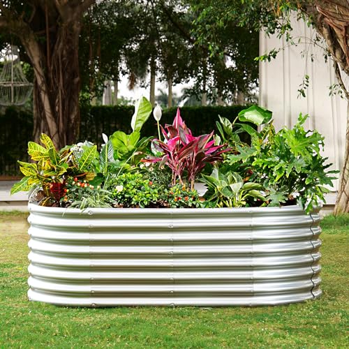 Land Guard Galvanized Raised Garden Bed, 8x4x2ft Planter Boxes Outdoor, Oval Larger Metal Planter Boxes for Vegetables, Fruits, Flowers (Silver) - color: Classic Silver, size: 8×4×2ft