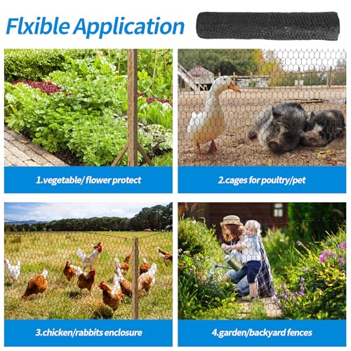 72'' x 150' Black Chicken Wire Fencing, 1 inch Chicken Wire and 19 Gauge Poultry Netting, Garden Mesh Fence Roll for Floral Arrangements/Crafts/Farm/Livestock/Pet Protection - size: 19 gauge 72'' x 150'
