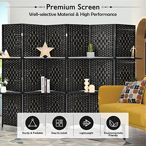 Giantex 6Ft 6 Panel Room Divider with Shelves, Freestanding Hand-Woven Rattan Folding Privacy Screens for Room Separation, Wooden Partition Room Divider Wall for Home Office Studio Separator - color: Black