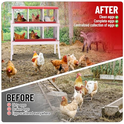 GarveeLife Nesting Boxes for Chickens, 6 Compartment Chicken Nesting Box with Metal Legs, Metal Chicken Laying Boxes with Perch, Secure Lid, Versatile Wall Mount or Free Standing for Hens, Red