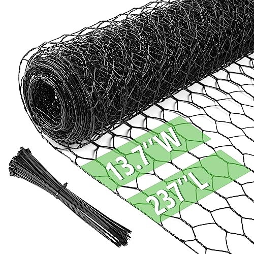 Chicken Wire 13.7 in x 237 in Poultry Wire Netting Hexagonal Galvanized Mesh Garden Fence Barrier for Pet Rabbit Chicken Fencing with 100 Pcs Cable Zip Ties(PVC-Coated) - color: Black, size: 13.7"x237"+100Ties