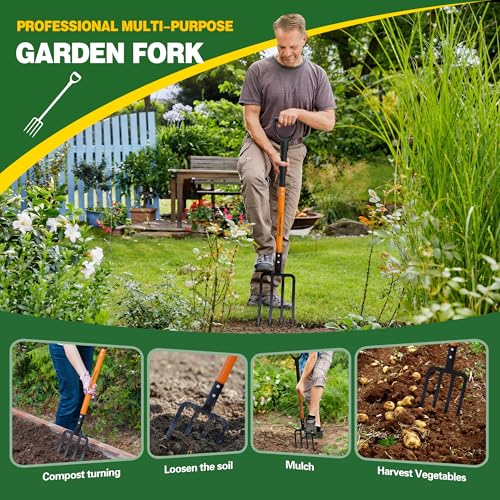 Pitch Fork for Garden, 4-Tines Garden Fork, 45-Inch Spading Fork, Heavy Duty Compost Digging Fork with Steel Handle and Enhanced D-handle, Orange