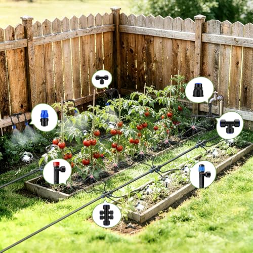 240FT Quick-Connect Drip Irrigation System | Automatic Garden Watering System Kit with 1/2" & 1/4" Fast-Lock Fittings, Adjustable Sprinklers for Raised Beds/Garden/Lawn - size: 40FT 1/2”(OD) Tube + 200FT 1/4”(OD) Tube