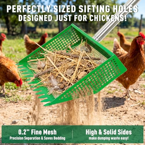 Large Chicken Poop Scooper: 2-in-1 Metal Pooper Scooper & Rake Adjustable 62" Long Handle Stainless Steel Sand Sifting Litter Shovel Chicken Coop Scoop Cleaning Tool for Goat Yard Bright Green - color: Bright Green