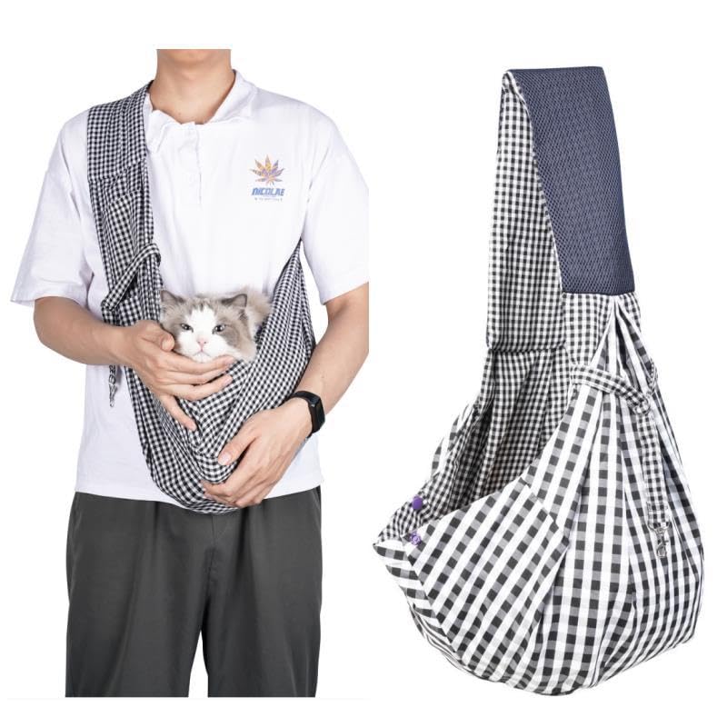 CYBERNOVA Small Pet Dog Cat Sling Carrier for 3-15lbs, with Pocket,Hand-Free Pet Bag Dog Cat Puppy Carry Bag for Travel and Walking Outdoor (Black and White Grid) - color: Black and White Grid