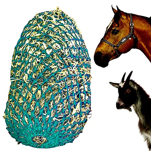 Majestic Ally 1.25”x1.25” Holes Ultra Slow Feed 40” Very Sturdy Hay Net with Bottom Ring for Goat, Sheep, Simulate Grazing and Reduces Waste (Turquoise) - color: Turquoise
