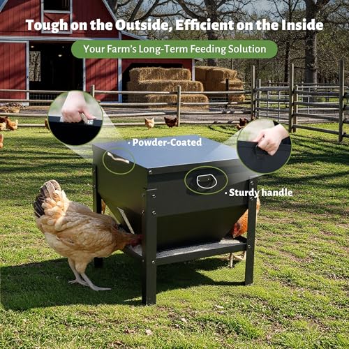 KOL 80LBs Chicken Feeder No-Waste, Galvanized Steel Large Capacity Chicken Feeder, Portable Poultry Feeder with Waterproof Lid for Hens and Roosters, Coops & Outdoors