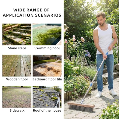 SUNBABA Stainless Steel Wire Scrub Brush with 62" Long Handle,Heavy Duty Stiff Metal Bristle Scrubber Broom for Deck Concrete Patio Gardens and Garages Floor Cleaning, Outdoor Moss Removal