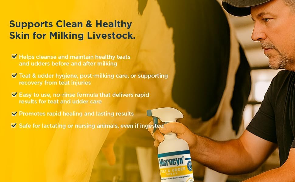 Microcyn Livestock Teat & Udder Spray – 16 oz HOCl-Based Cleansing Spray – Supports Skin Comfort & Moisture for Dairy Cattle, Goats & Livestock