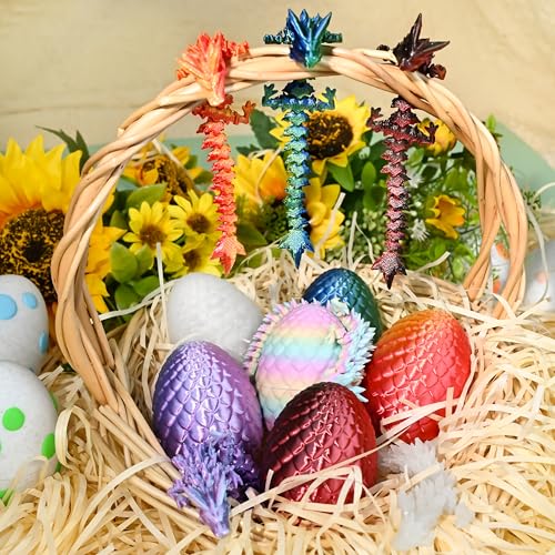 Impossmaker 8" 3D Printed Easter Dragon Eggs with 3D Printed Dragon Inside, Easter Basket Stuffers Mini Dragon Egg Set Articulated Crystal Dragon Fidget Toy for Adults Teens - style: 6P-S2
