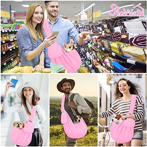 SlowTon Dog Carrier Sling - Thick Padded Shoulder Strap Adjustable, PI, S | Dog Carriers for Small Dogs, Puppy Carrier Purse for Pet Cat with Front Zipper Pocket Safety Belt Machine Washable - color: G-Pink Knitted Fabric