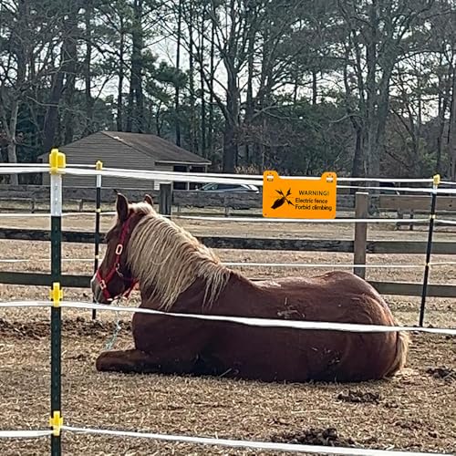 QMARK Electric Fence Warning Signs, Yellow Plastic, 8 x 5 Inch, 10 Pack | Double-Sided, High Voltage Danger Sign, Forbid Climbing Sign, For Farm Ranch Home